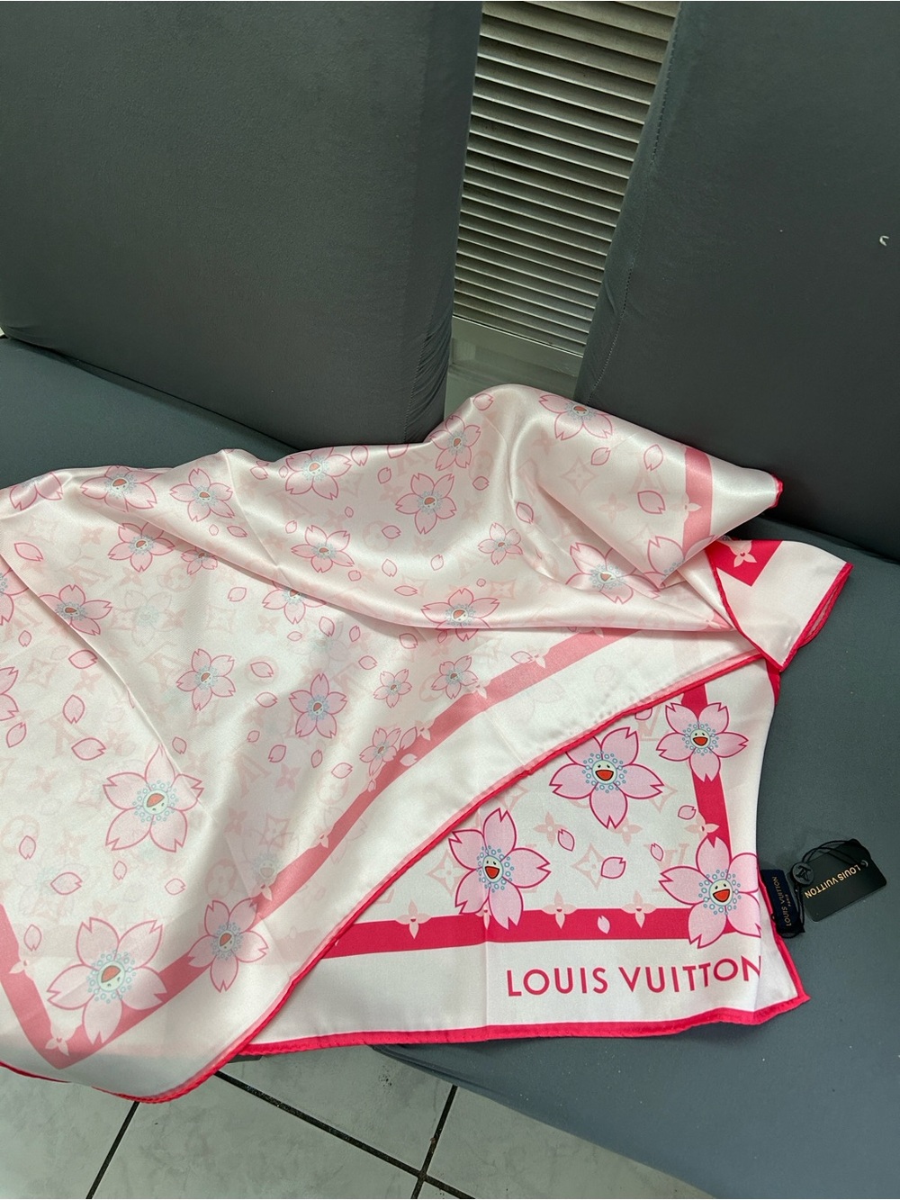 Louis Vuitton Pink Floral Silk Scarf - Cherry Blossom Motif - Picture 2 of 3
